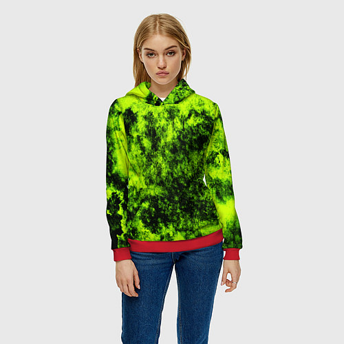 Женская толстовка Яркий неоновый салатовый гранж / 3D-Красный – фото 3