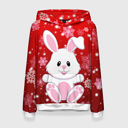 Толстовка-худи женская Весёлый кролик в снежинках, цвет: 3D-белый
