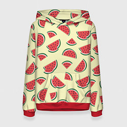 Толстовка-худи женская Кусочки арбуза на желтом фоне, цвет: 3D-красный