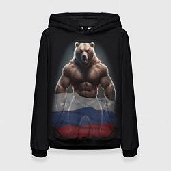 Толстовка-худи женская Патриотичный медведь с российским флагом, цвет: 3D-черный