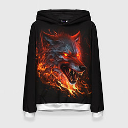 Толстовка-худи женская Огненный злой волк с красными глазами, цвет: 3D-белый