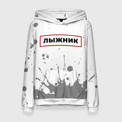 Толстовка-худи женская Лыжник в рамке красного цвета, цвет: 3D-белый