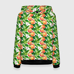 Толстовка-худи женская Персики акварельный паттерн, цвет: 3D-черный