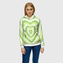 Толстовка-худи женская Зеленые сердца - индикид паттерн, цвет: 3D-белый — фото 2