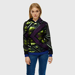 Толстовка-худи женская Зеленые листья и фиолетовые вставки, цвет: 3D-синий — фото 2