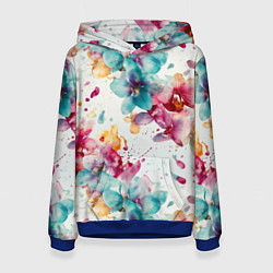 Толстовка-худи женская Орхидеи акварельные брызги - паттерн, цвет: 3D-синий