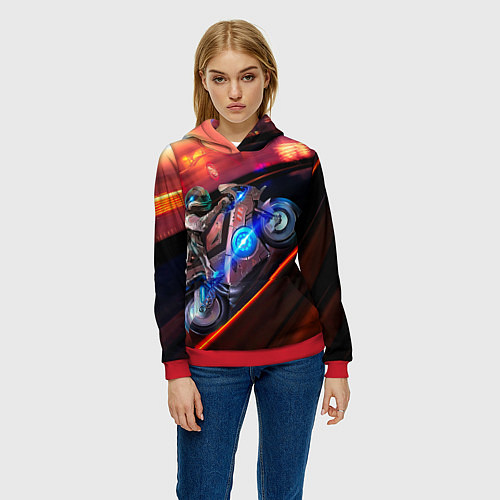 Женская толстовка Мотоцикл ночной город / 3D-Красный – фото 3