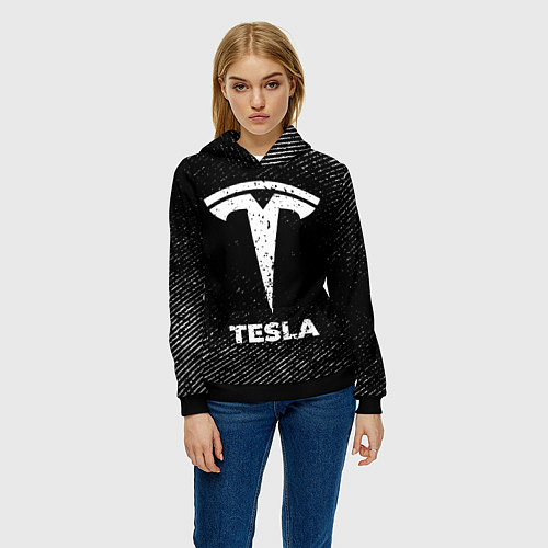Женская толстовка Tesla с потертостями на темном фоне / 3D-Черный – фото 3