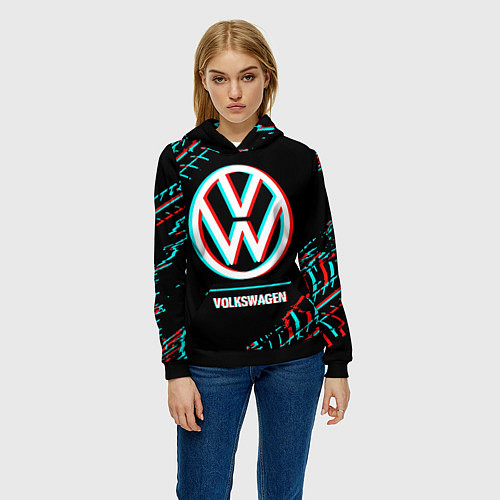Женская толстовка Значок Volkswagen в стиле glitch на темном фоне / 3D-Черный – фото 3