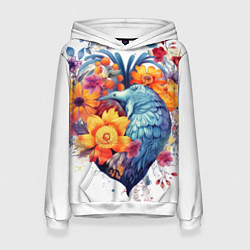Толстовка-худи женская Цветочное сердце с птицами, цвет: 3D-белый