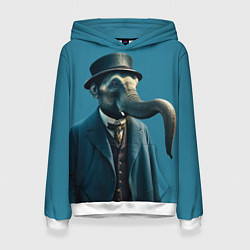 Толстовка-худи женская Слон джентельмен в смокинге и шляпе, цвет: 3D-белый