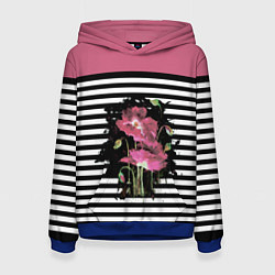 Толстовка-худи женская Розовые акварельные маки на полосатом фоне, цвет: 3D-синий