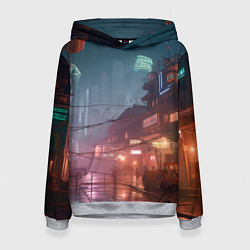 Толстовка-худи женская Киберпанк город будущего, цвет: 3D-меланж