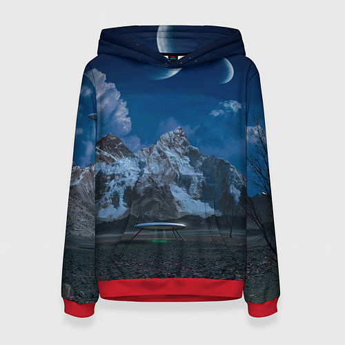 Женская толстовка Ночные горы в природе и небо с нло / 3D-Красный – фото 1