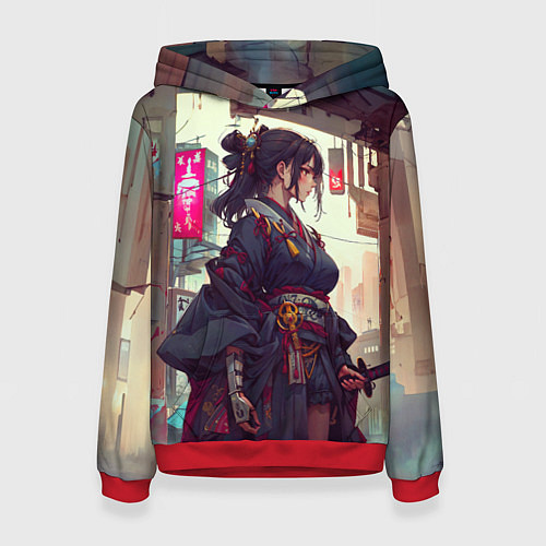 Женская толстовка Кибер самурай девушка / 3D-Красный – фото 1
