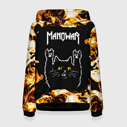 Толстовка-худи женская Manowar рок кот и огонь, цвет: 3D-черный