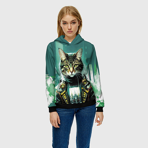 Женская толстовка Funny cat on the background of skyscrapers / 3D-Черный – фото 3