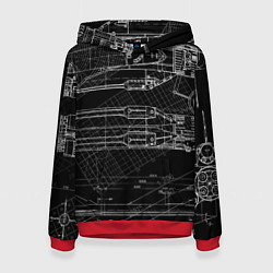 Толстовка-худи женская Чертеж ракеты на чёрном фоне, цвет: 3D-красный