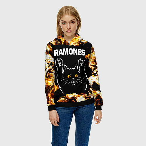 Женская толстовка Ramones рок кот и огонь / 3D-Черный – фото 3
