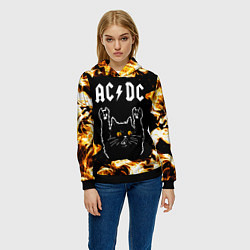 Толстовка-худи женская AC DC рок кот и огонь, цвет: 3D-черный — фото 2