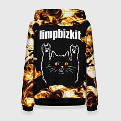 Толстовка-худи женская Limp Bizkit рок кот и огонь, цвет: 3D-черный