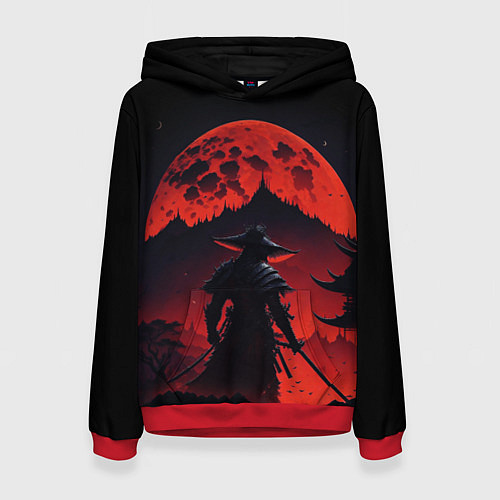 Женская толстовка Самурай, деревня и луна - мрачный / 3D-Красный – фото 1