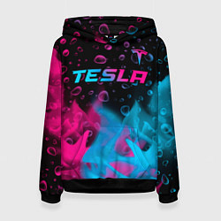 Толстовка-худи женская Tesla - neon gradient: символ сверху, цвет: 3D-черный