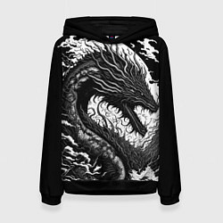 Толстовка-худи женская Черно-белый дракон и волны, цвет: 3D-черный
