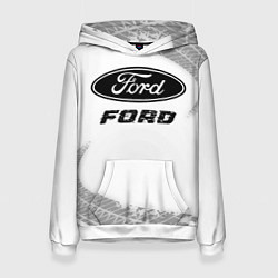 Толстовка-худи женская Ford speed на светлом фоне со следами шин, цвет: 3D-белый
