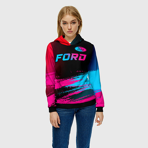 Женская толстовка Ford - neon gradient: символ сверху / 3D-Черный – фото 3