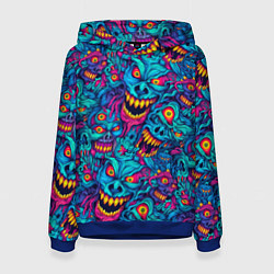 Толстовка-худи женская Неоновые монстры - graffiti art style pattern, цвет: 3D-синий