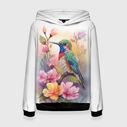 Толстовка-худи женская Колибри и цветы - акварель, цвет: 3D-черный