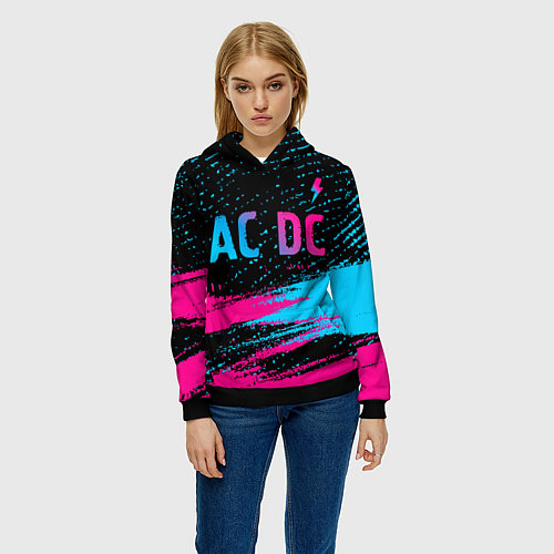 Женская толстовка AC DC - neon gradient: символ сверху / 3D-Черный – фото 3