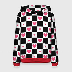 Толстовка-худи женская Розовые сердечки на фоне шахматной черно-белой дос, цвет: 3D-красный