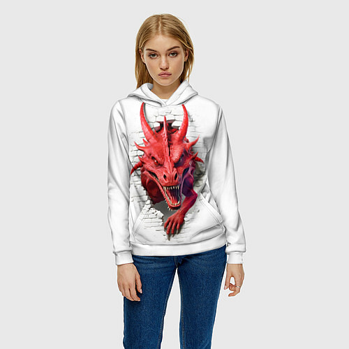 Женская толстовка Красный дракон выглядывает из стены / 3D-Белый – фото 3