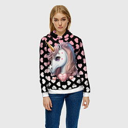 Толстовка-худи женская Розовый единорог с сердечками, цвет: 3D-белый — фото 2