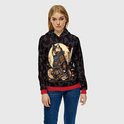 Толстовка-худи женская Кот якудза - японский воин, цвет: 3D-красный — фото 2