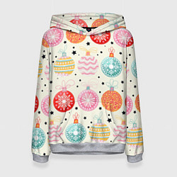 Толстовка-худи женская Разноцветные новогодние шары, цвет: 3D-меланж