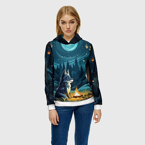 Женская толстовка Волк у костра в стиле фолк-арт / 3D-Белый – фото 3