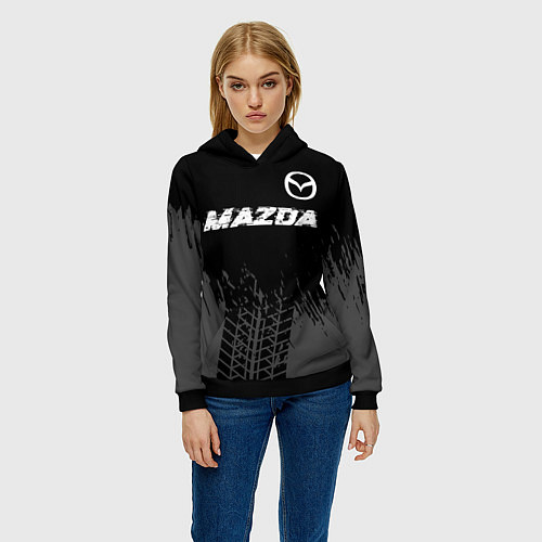 Женская толстовка Mazda speed на темном фоне со следами шин: символ / 3D-Черный – фото 3