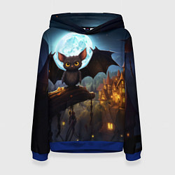 Толстовка-худи женская Летучая мышка на фоне луны и замка, цвет: 3D-синий