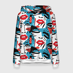 Толстовка-худи женская Губы и глаза, цвет: 3D-белый