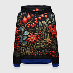 Толстовка-худи женская Новогодние ягоды и цветы, цвет: 3D-синий