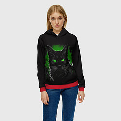 Толстовка-худи женская Портрет черного кота в зеленом свечении, цвет: 3D-красный — фото 2