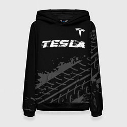 Толстовка-худи женская Tesla speed на темном фоне со следами шин посереди, цвет: 3D-черный