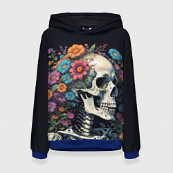 Толстовка-худи женская Улыбающийся скелет среди цветов, цвет: 3D-синий