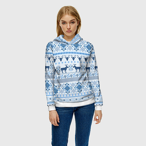 Женская толстовка Blue sweater with reindeer / 3D-Белый – фото 3