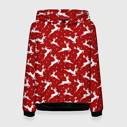 Толстовка-худи женская Красный паттерн с новогодними оленями, цвет: 3D-черный