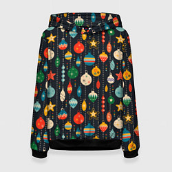 Толстовка-худи женская Новогодние ёлочные игрушки на черном фоне, цвет: 3D-черный