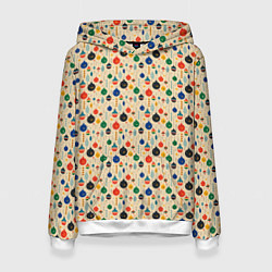 Толстовка-худи женская Разноцветные ёлочные игрушки, цвет: 3D-белый